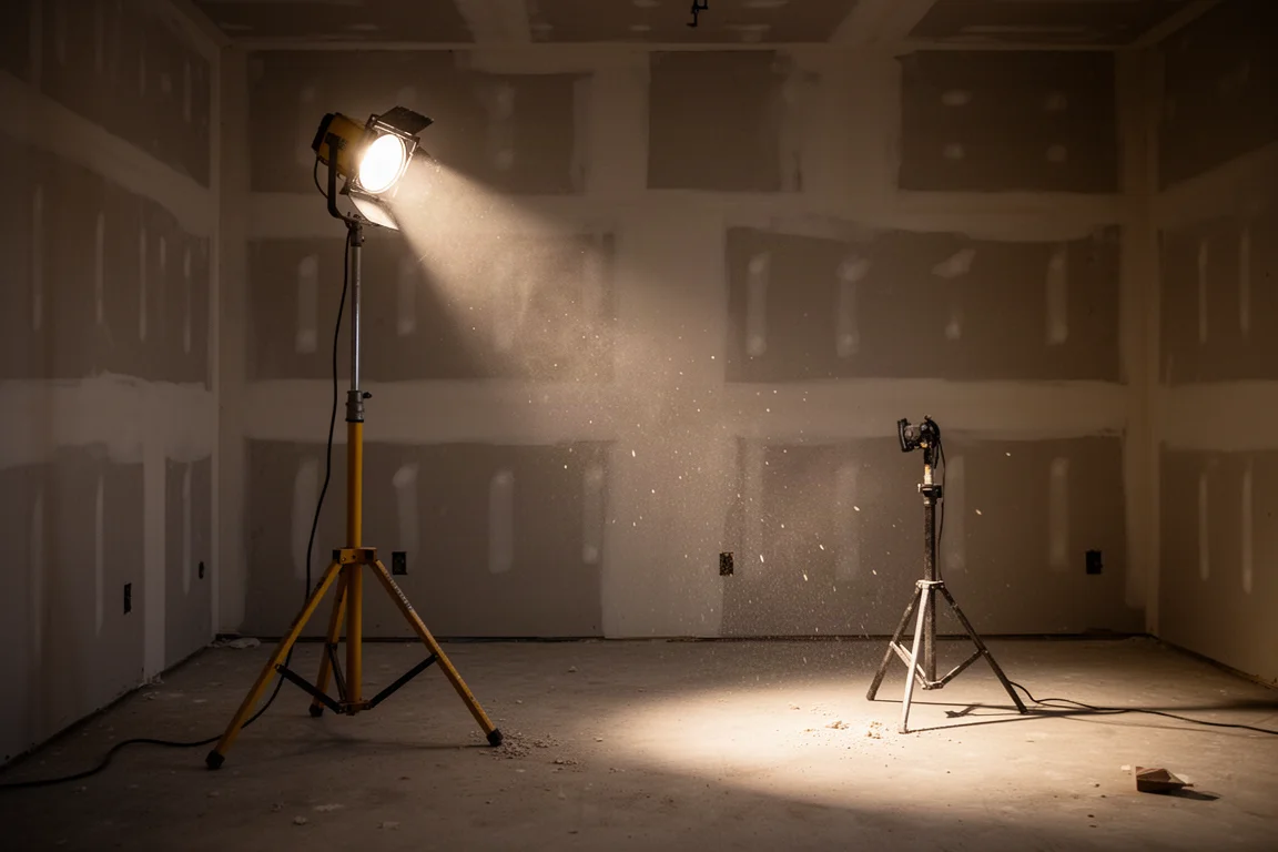 Job site tripod light illuminating a dark room under renovation