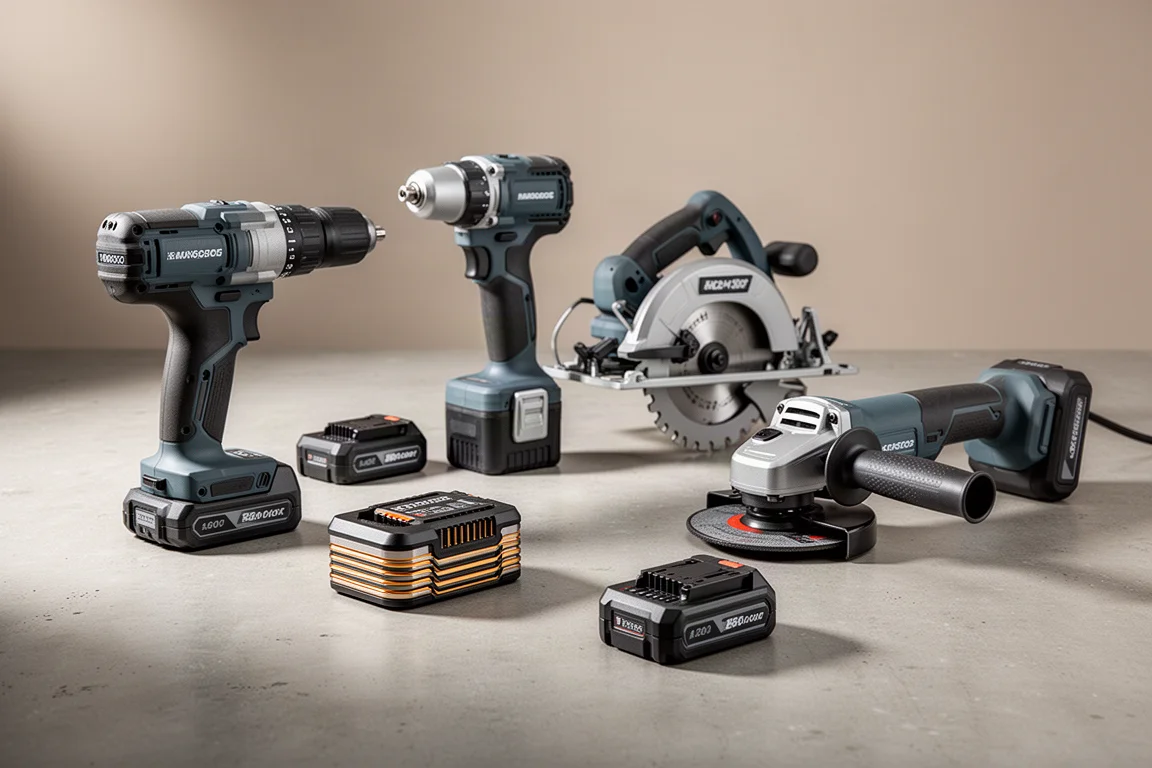 Flex cordless power tool lineup including drill, impact driver, circular saw, grinder and batteries on concrete