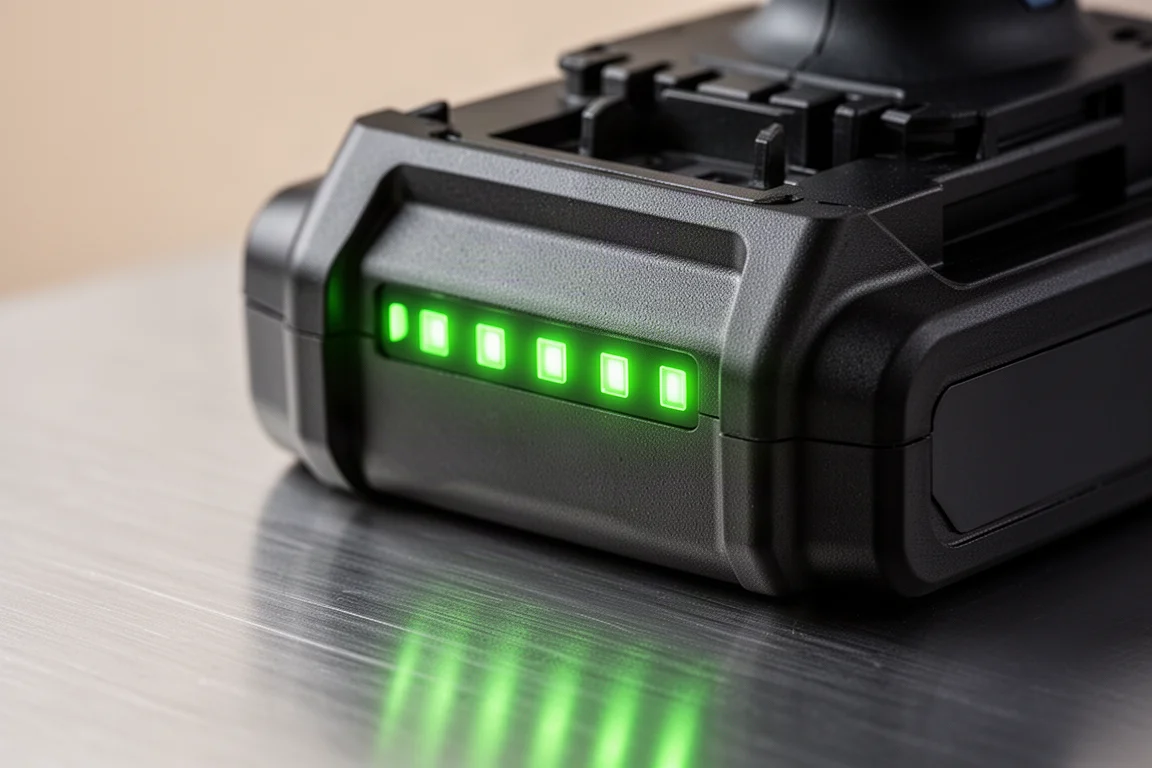Nahaufnahme von grün leuchtenden Ladezustands-Anzeige-LEDs auf einem Elektrowerkzeug-Akku