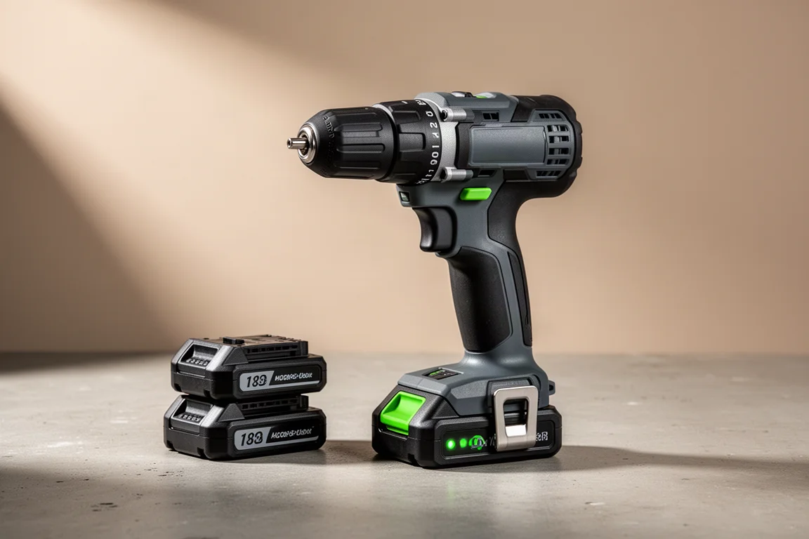 Flex 24V cordless drill driver with battery packs on a concrete workshop surface