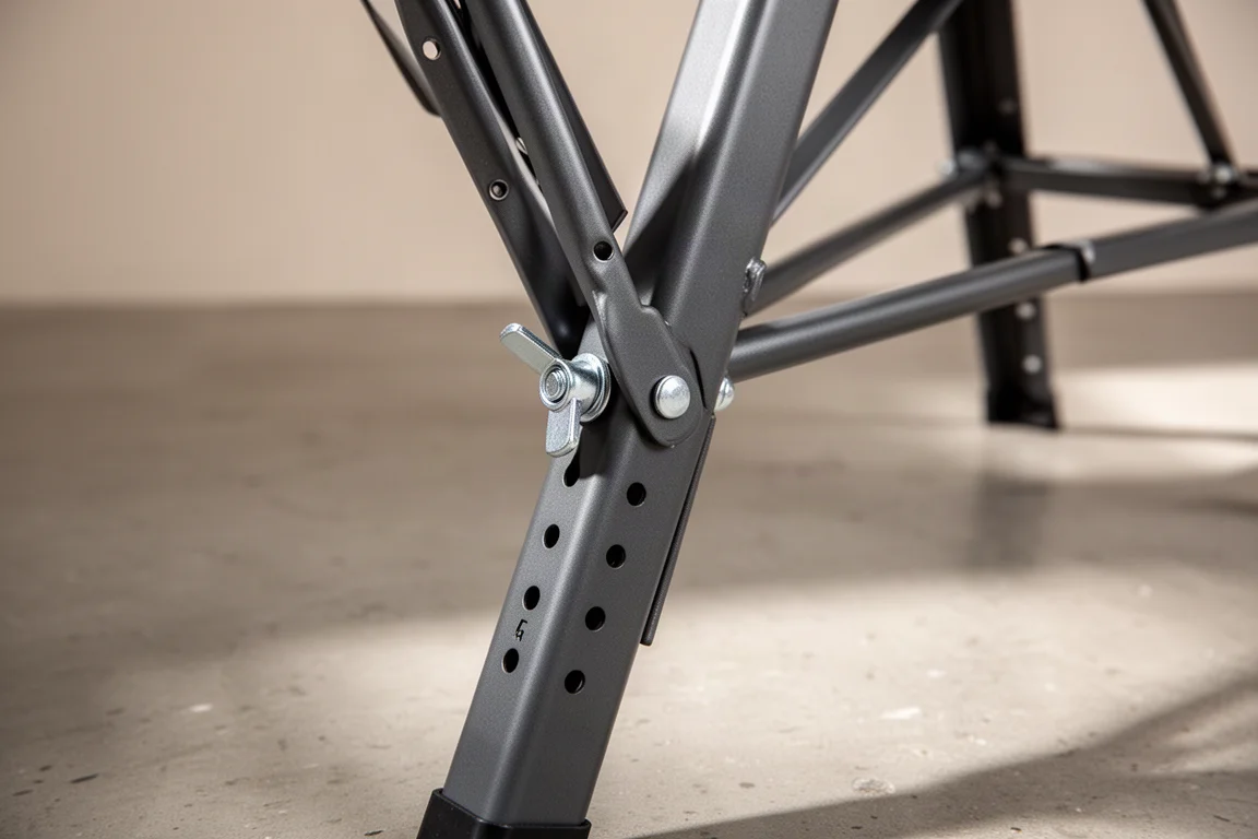 Folding steel table saw stand legs with wing-nut fasteners on concrete floor