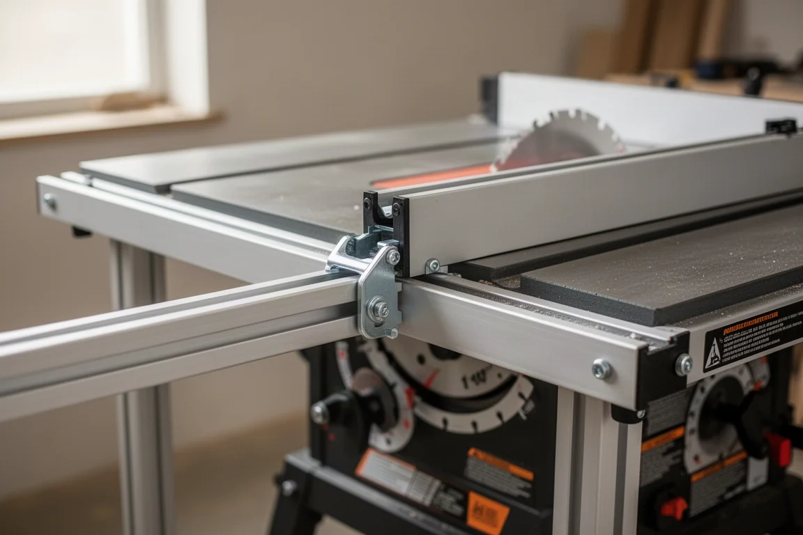 Compact table saw stand latched onto a portable table saw rail system