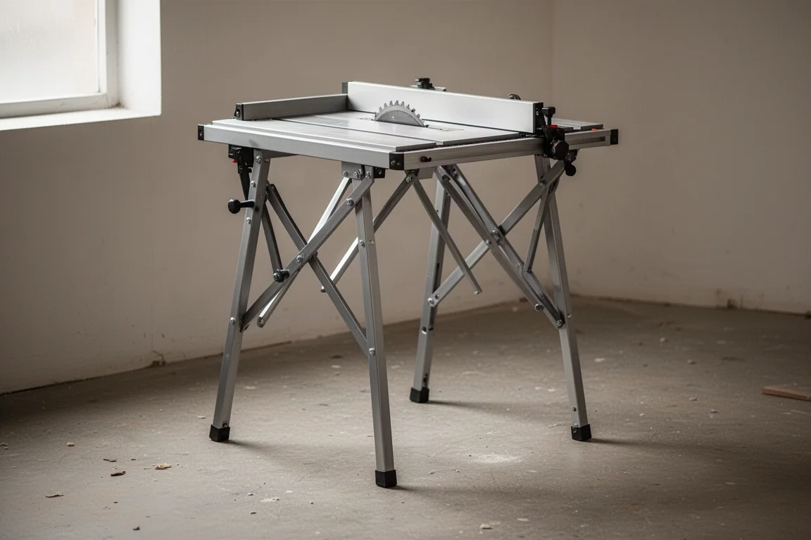 Table saw stand with legs extended to a taller working height in a workshop