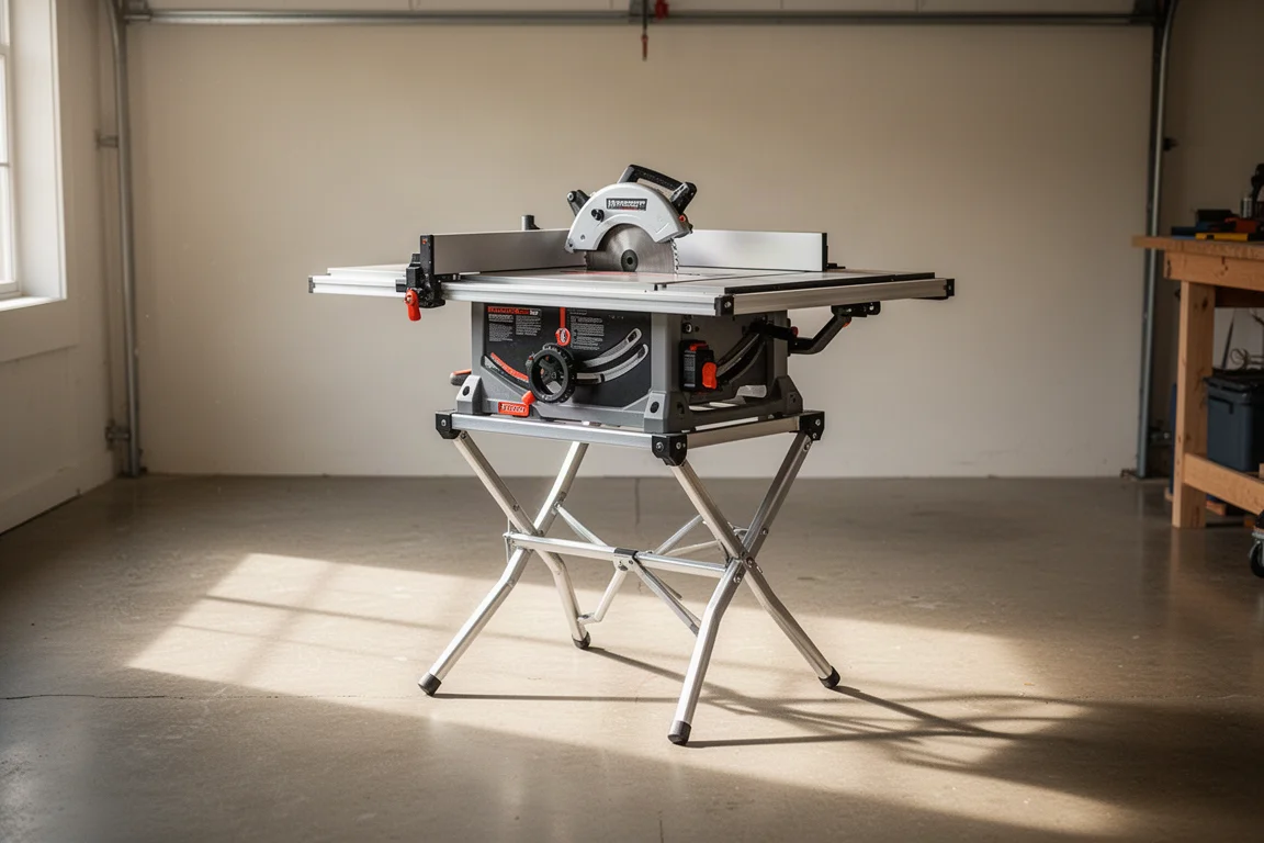 Portable table saw set up securely on a dedicated stand ready for rips