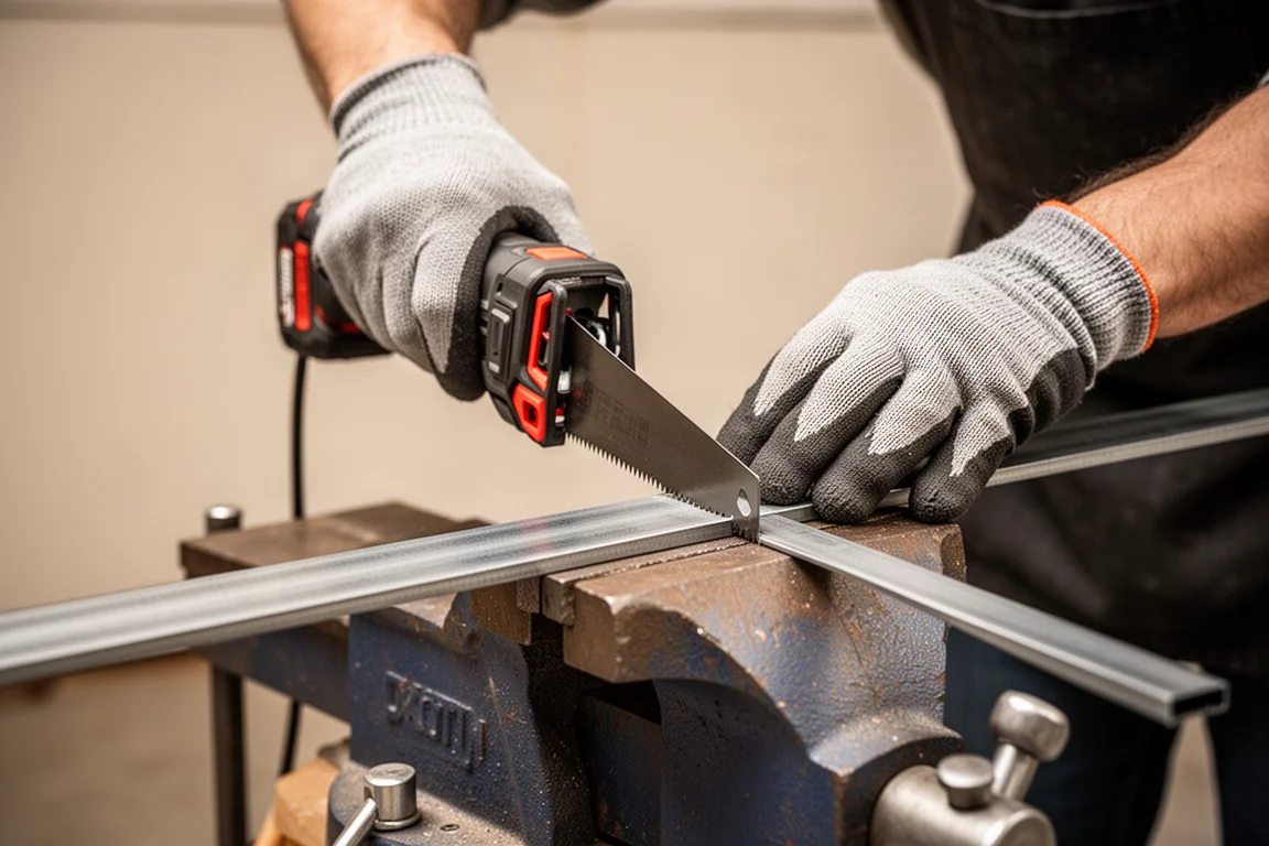 Gros plan sur des mains coupant une barre d'acier avec une scie sabre sans fil dans un garage