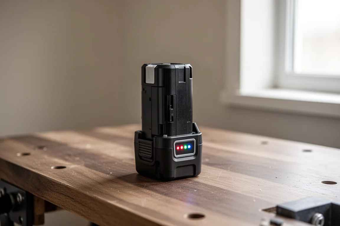 Batterie d'outil sans fil posée sur un établi en bois avec un indicateur de niveau de charge visible