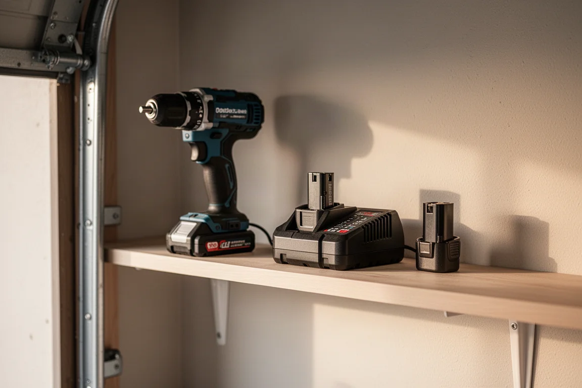 Espace de travail de garage bien rangé avec un outil sans fil, un chargeur et des batteries de rechange sur une étagère
