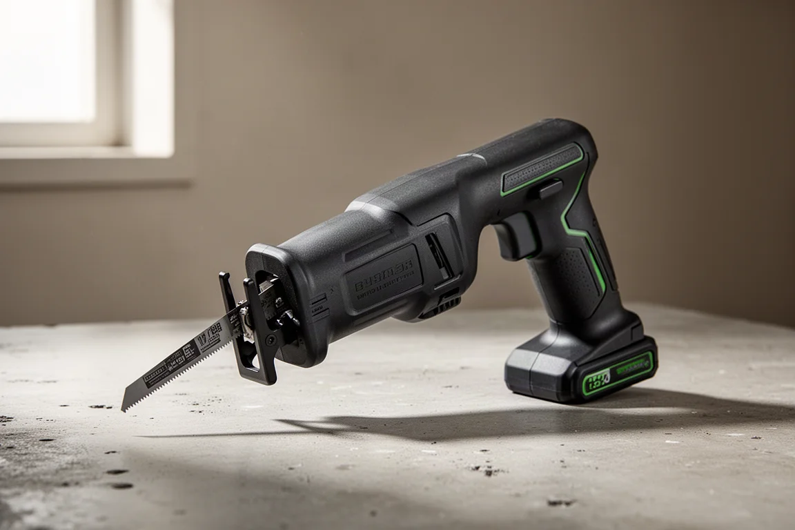 Compact cordless reciprocating saw on a brushed concrete workshop surface