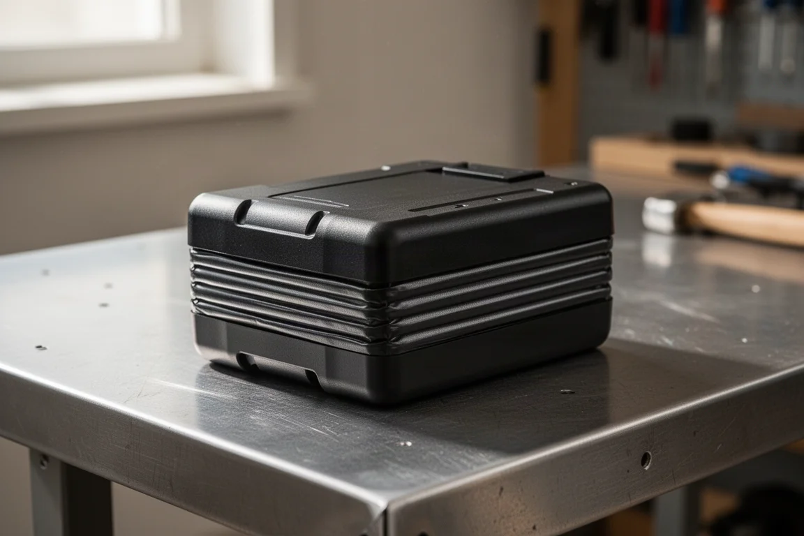 Primo piano di un pacchetto batteria piatto a celle pouch impilate su un banco di lavoro