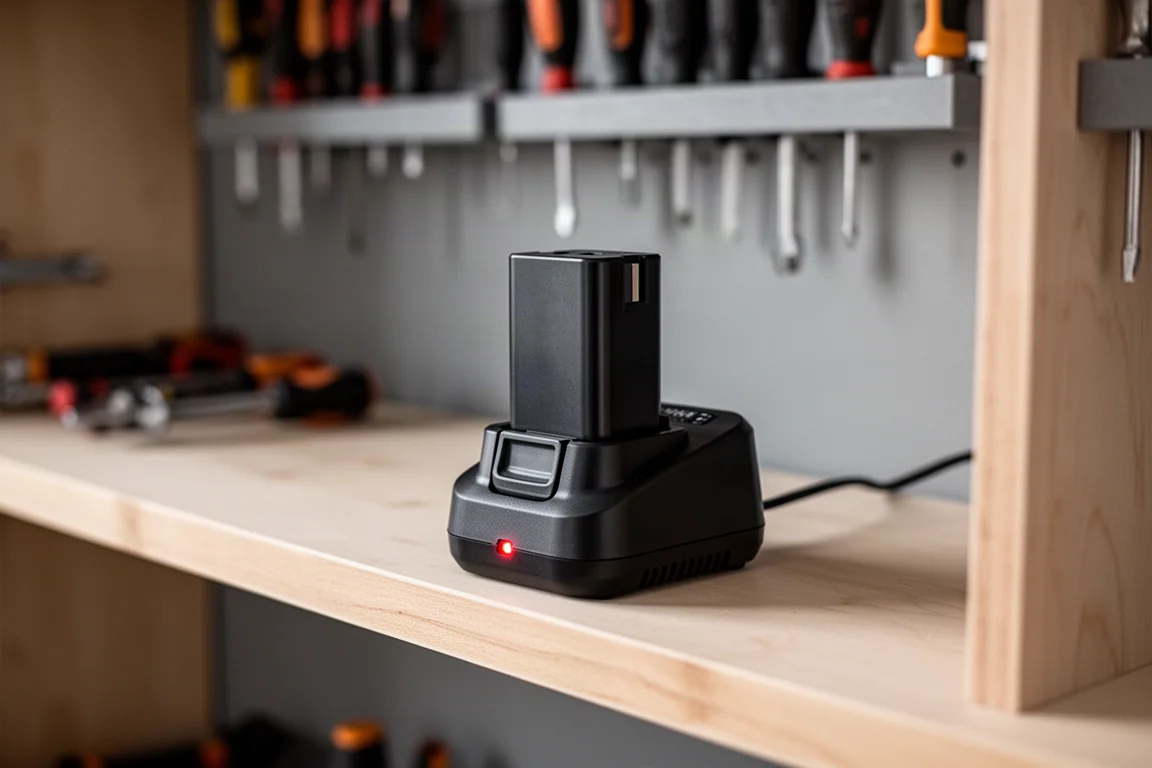 Pacchetto batteria per utensile elettrico in ricarica in un laboratorio ordinato