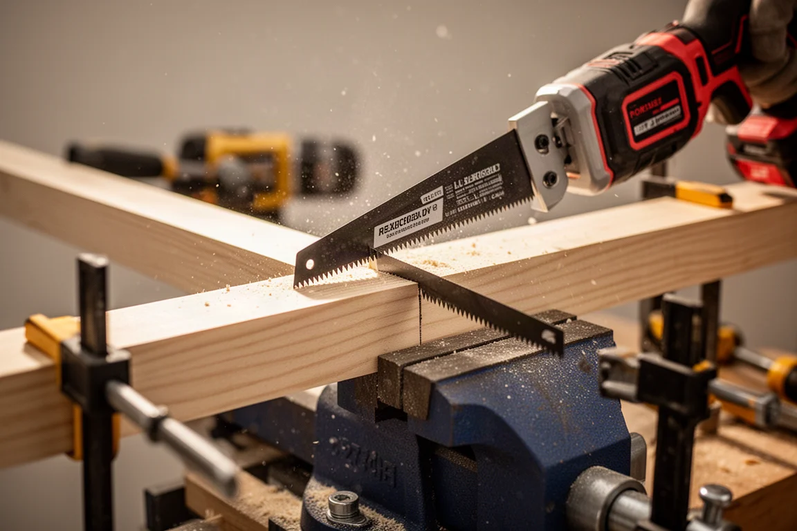 Sega alternativa a batteria che taglia una trave di legno in officina