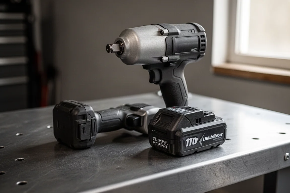 Avvitatore a impulsi a batteria e batteria appoggiate su una banca da garage