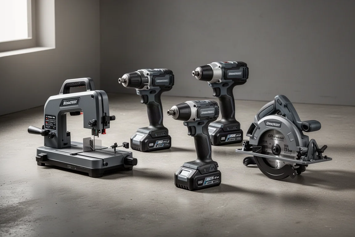 Collection of Flex cordless power tools arranged on a workshop floor