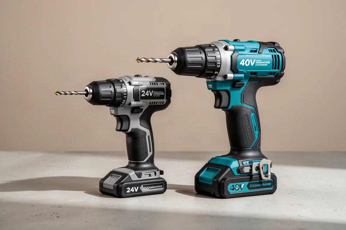 Two cordless hammer drills side by side on a concrete surface