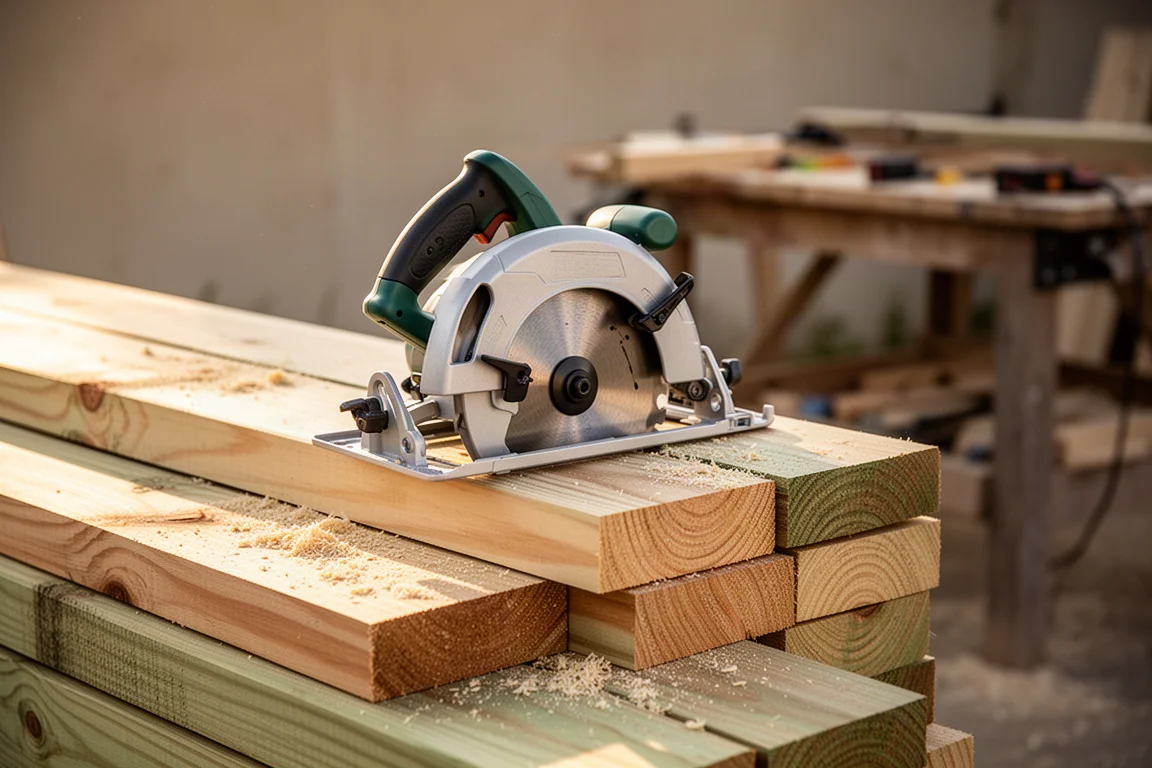 Rear handle circular saw resting on a stack of freshly cut treated lumber