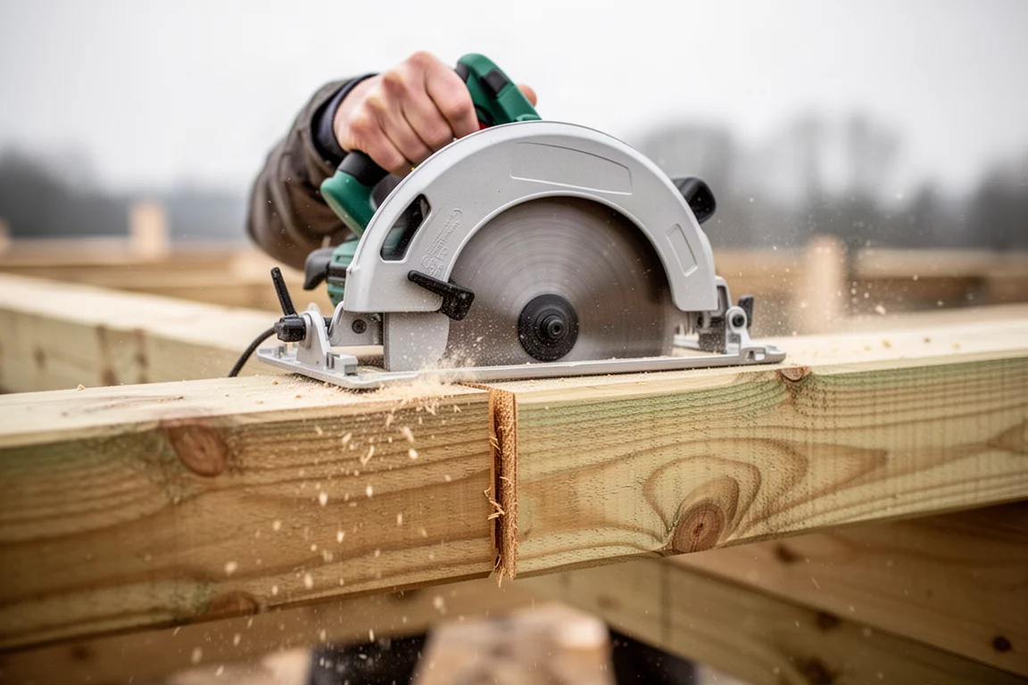 Circular saw cutting through a thick treated timber beam with sawdust flying