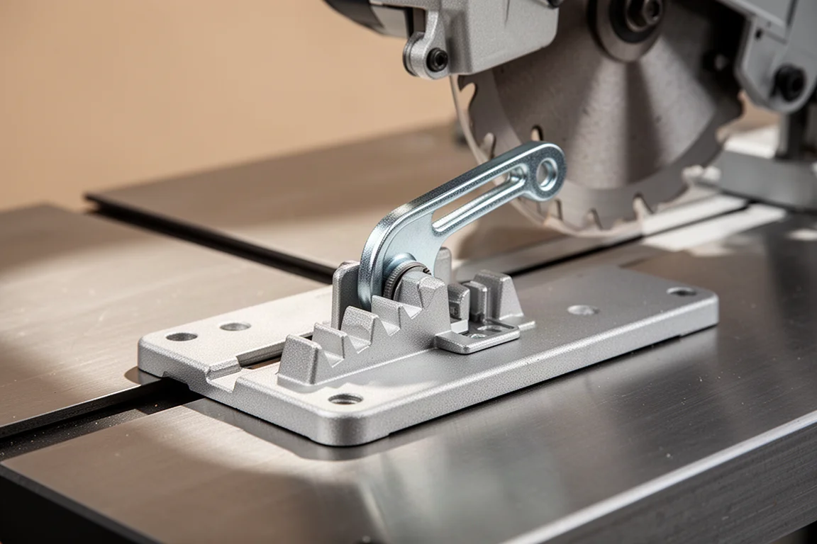 Close-up of circular saw bevel adjustment lever and positive stops