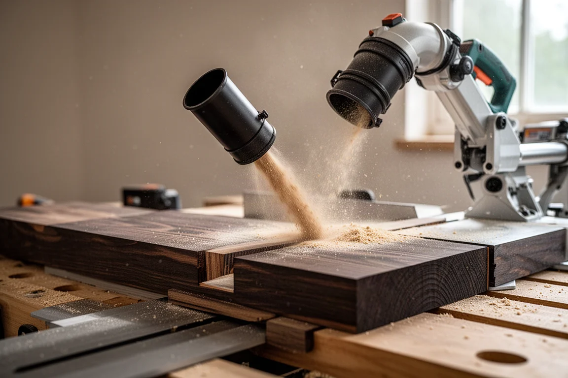 Circular saw dust port with sawdust streaming out during a rip cut