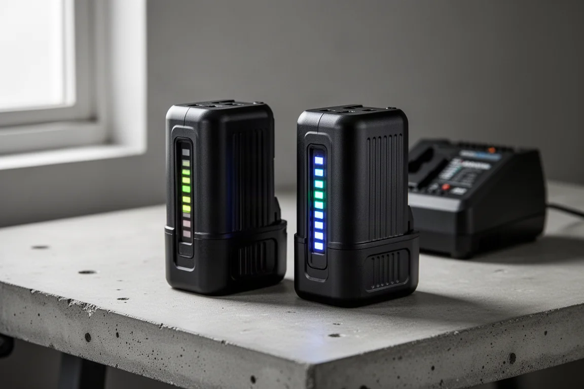 Two matte black cordless tool battery packs on a workbench next to a charger