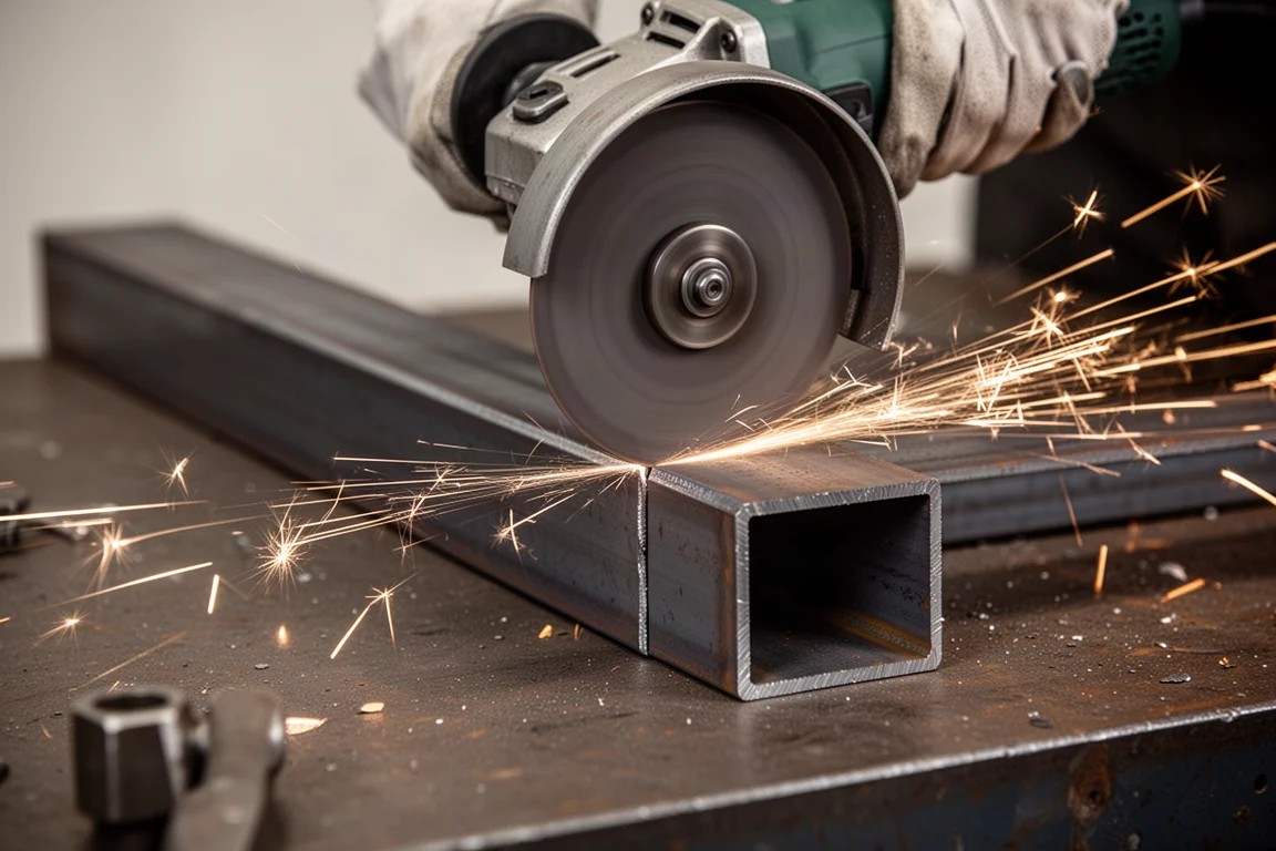 Ultra-thin cutting wheel slicing through steel stock with bright sparks