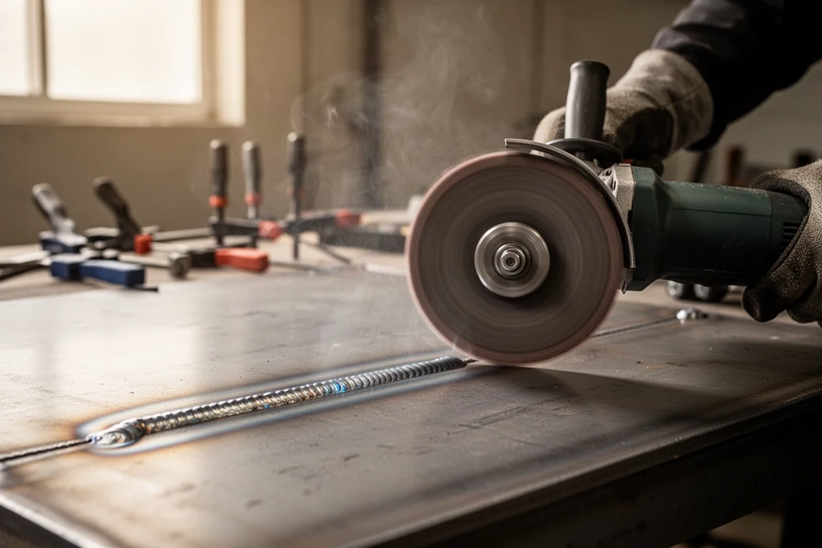 Welder grinding down a weld bead on a metal panel in a workshop