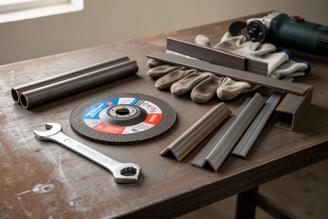 Fabricator switching between cutting and grinding discs at a workbench