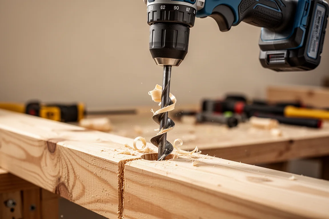 Trapano cordless compatto che avvita una punta a elica in una trave di legno