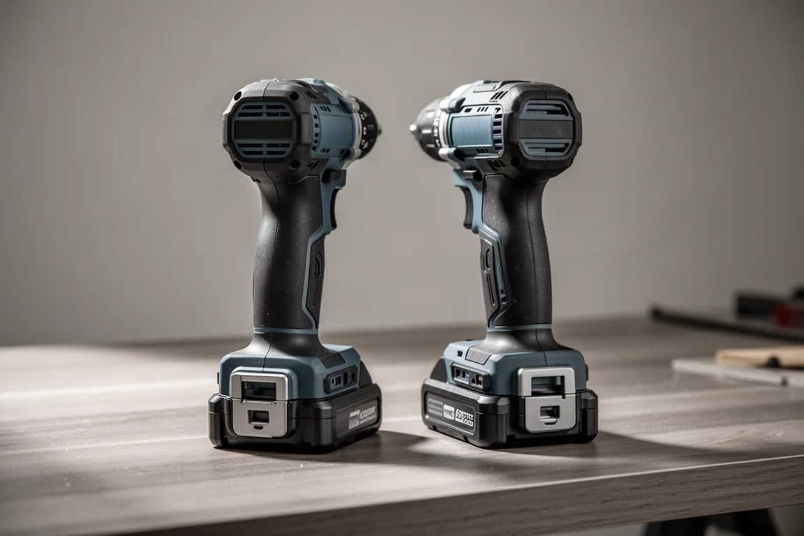 Two cordless drills standing side by side viewed from the rear battery base