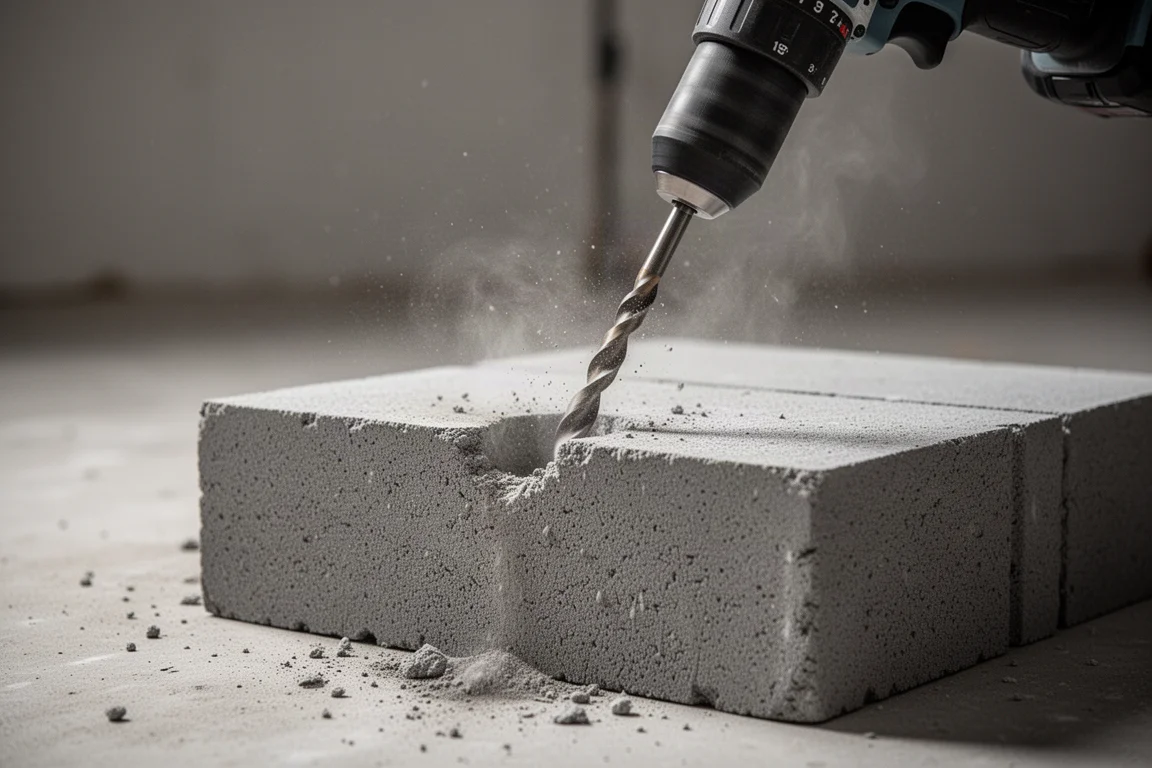 Drill bit boring into a grey cinder block on a workbench