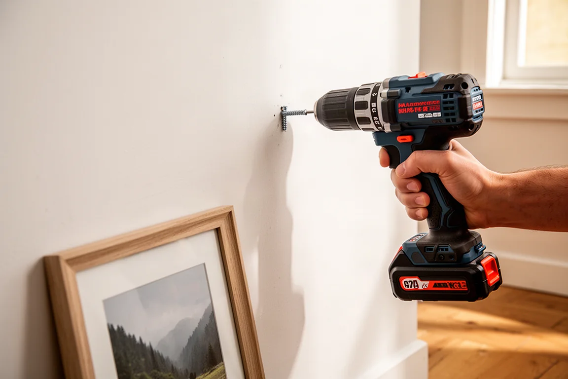 Cordless drill hanging a framed picture on a wall in a bright room