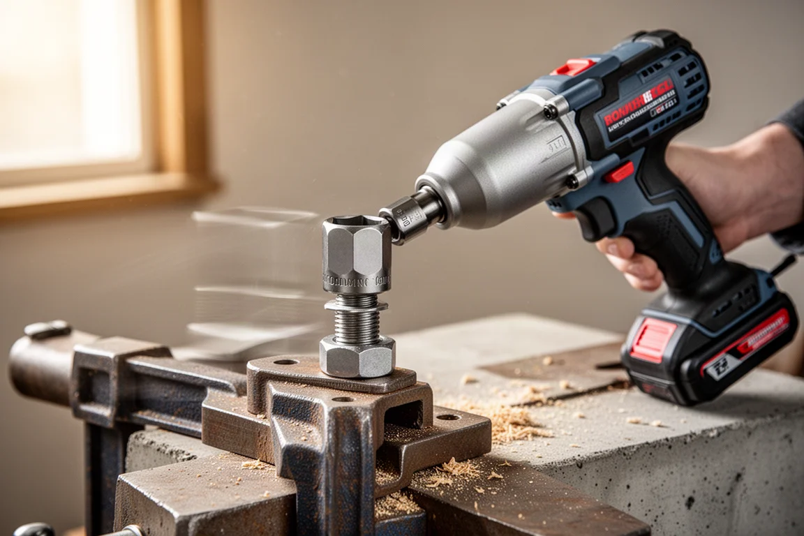 Compact impact wrench driving a large nut on a workshop bench