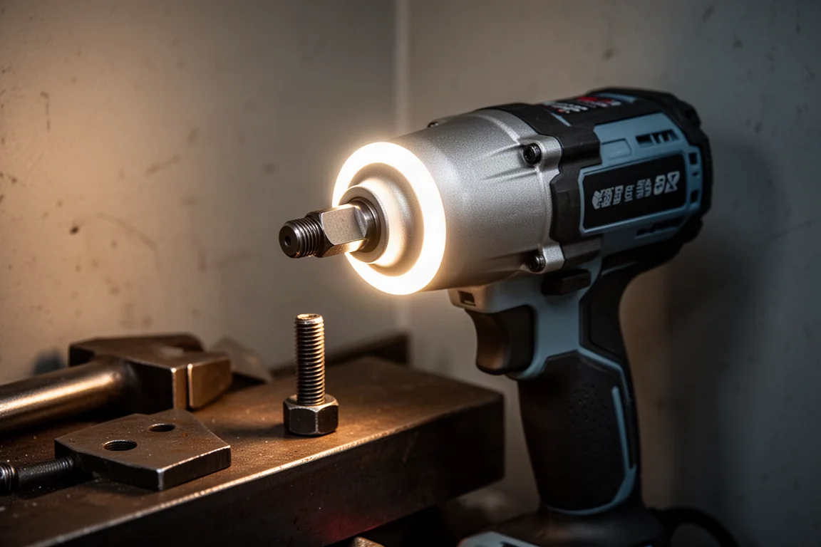 Compact impact wrench with ring light glowing around the anvil