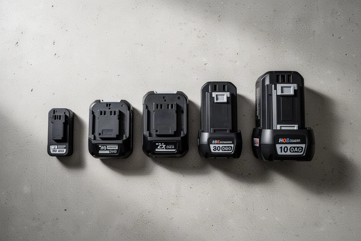 Row of impact wrench batteries on a workbench
