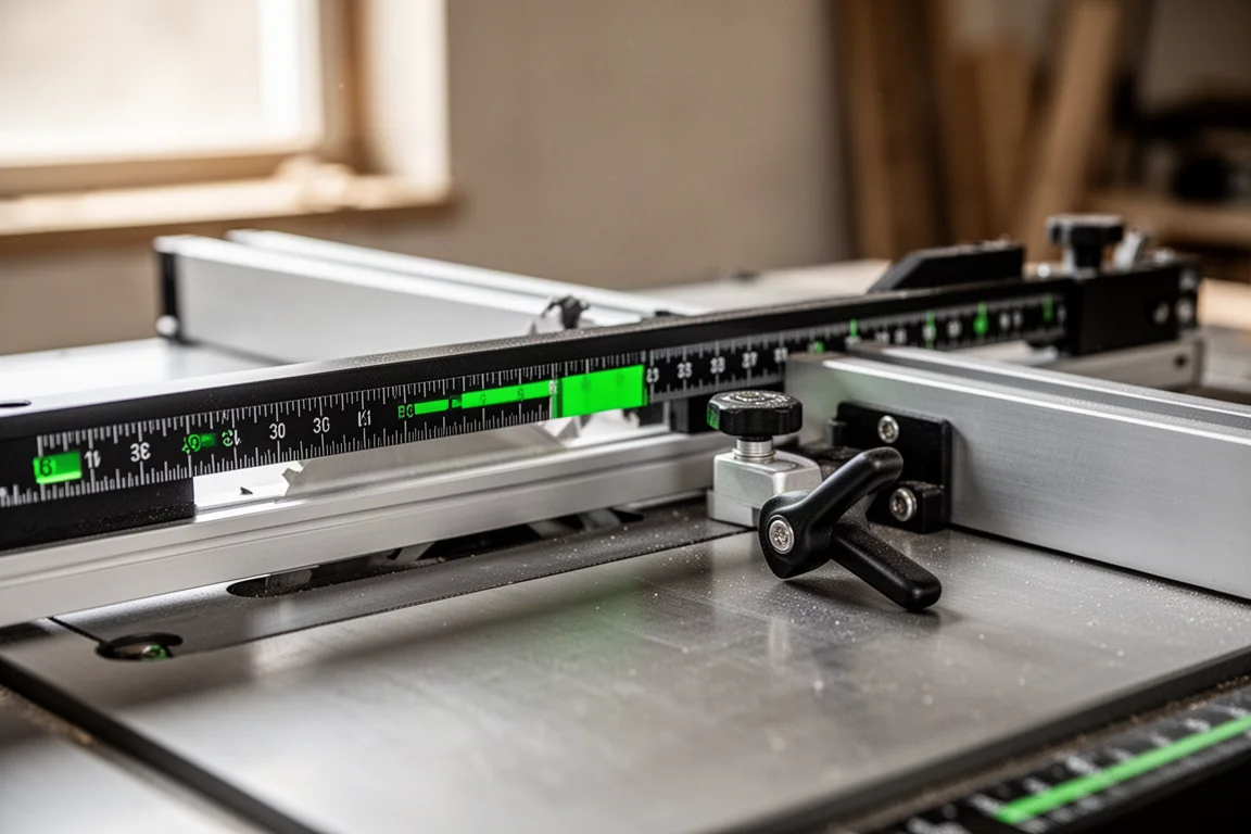 Close-up of a rack and pinion fence with green measurement indicators on a table saw