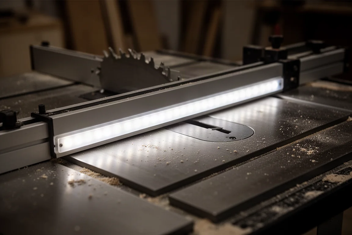 LED light strip on a table saw fence casting light across the work surface