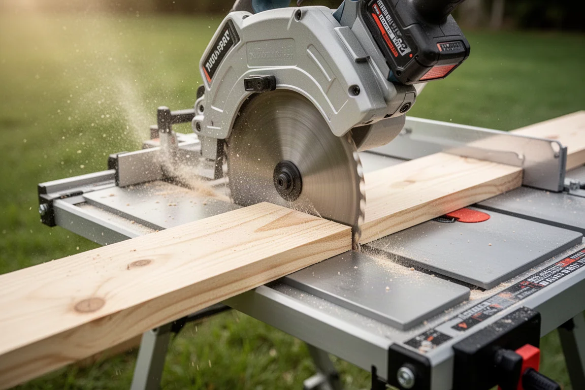 Cordless table saw cutting a board with sawdust flying in an outdoor workshop