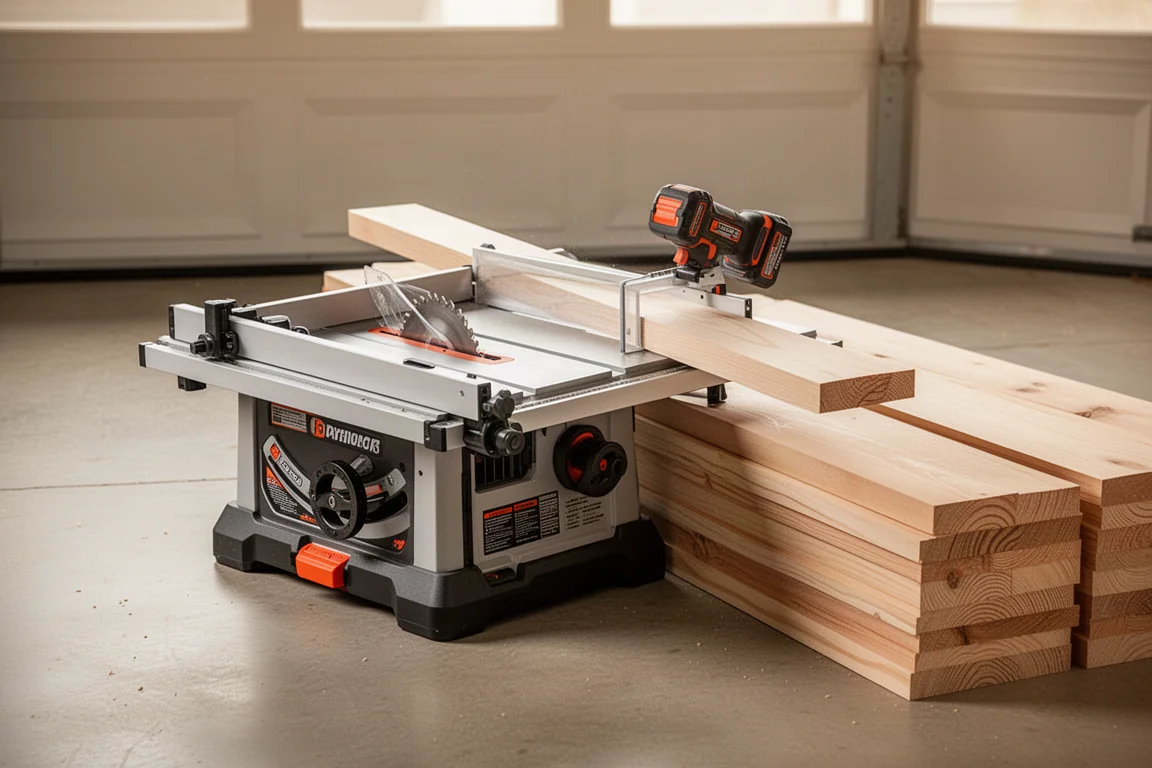Stacked lumber boards ready for cutting beside a compact table saw