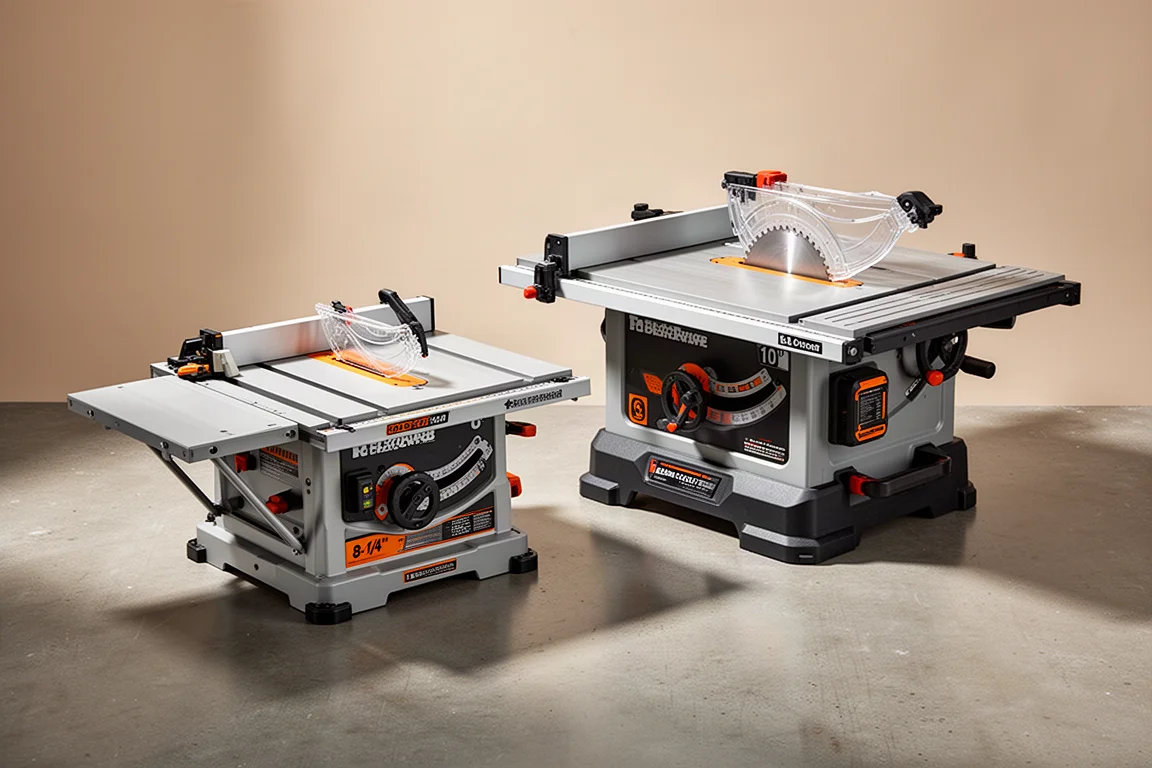 Flex 8-1/4 inch and 10 inch cordless table saws side by side on a concrete floor