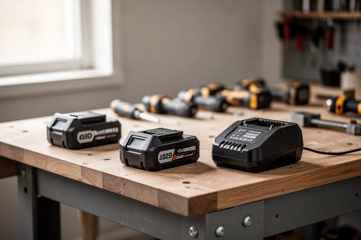 Workbench with cordless tool batteries and a charger under soft workshop lighting