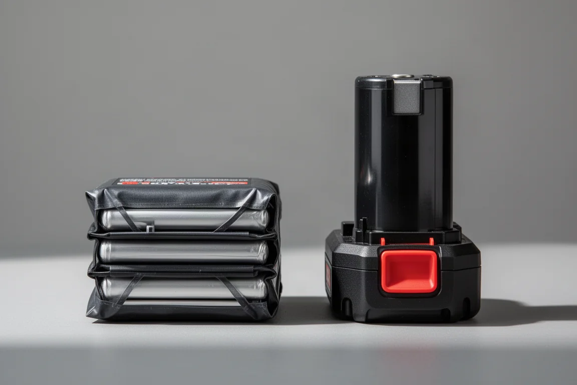 Flat stacked lithium battery pack beside a cylindrical battery pack for comparison