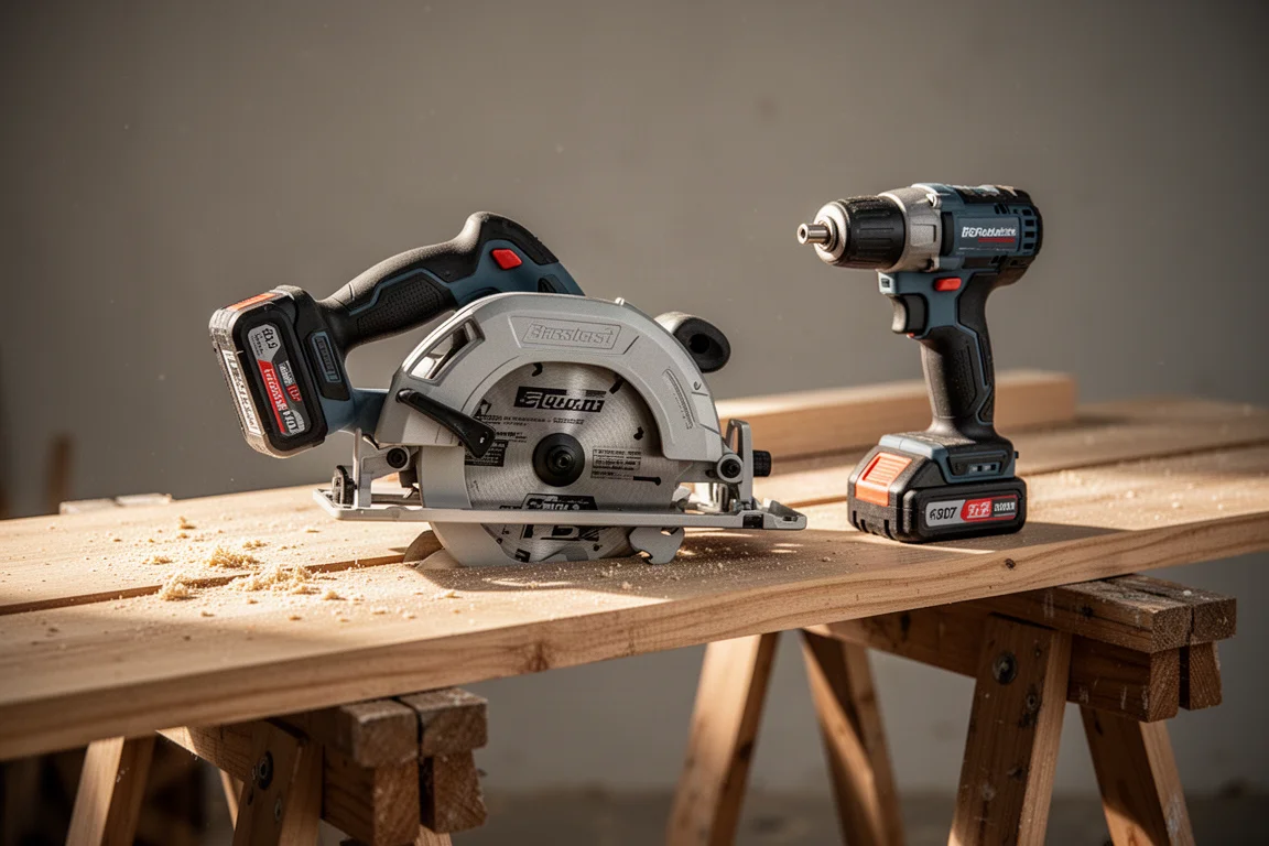 Cordless circular saw and impact driver resting on sawhorses in a workshop