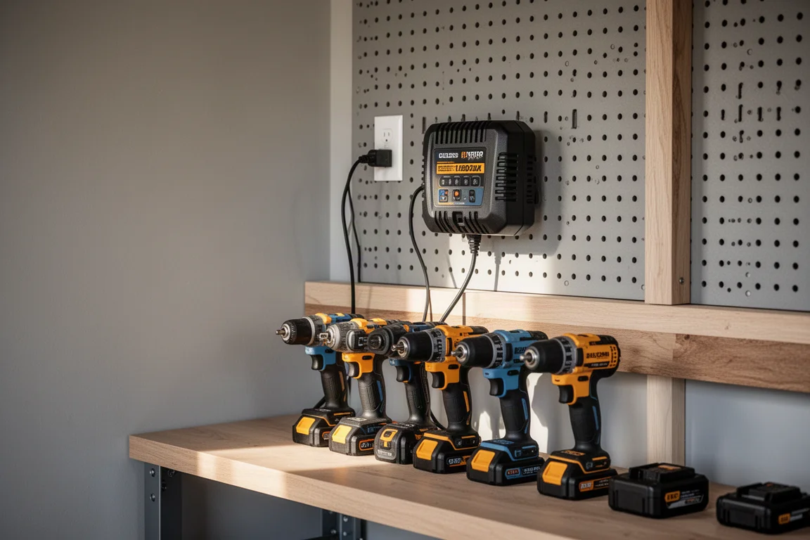 Home garage workspace with battery charger plugged in and tools neatly stored