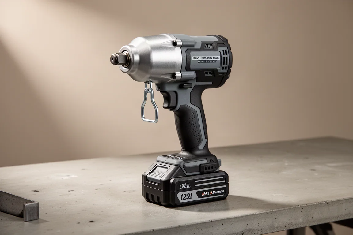Flex FX1 1472 half-inch high torque impact wrench with stacked lithium battery on a concrete workbench