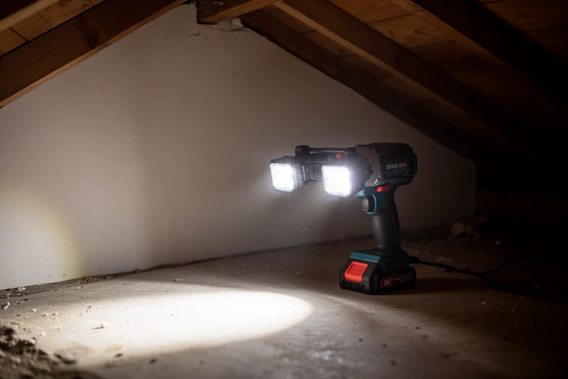 Mãos com luvas segurando o cabo texturizado de uma ferramenta elétrica em um sótão escuro iluminado por LEDs