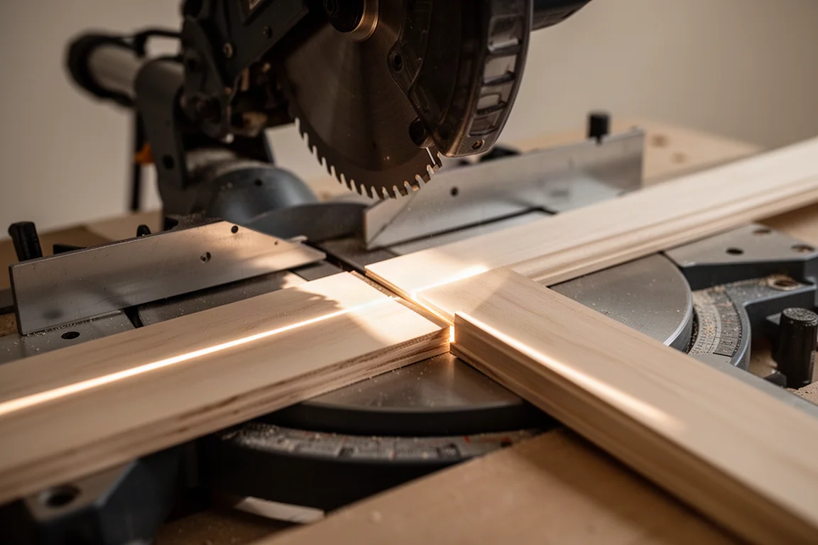 Cordless miter saw on a workbench with an LED shadow line projected across a board