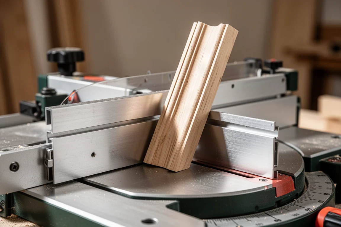 Removable two-layer fences on the back of a miter saw set up for crown molding