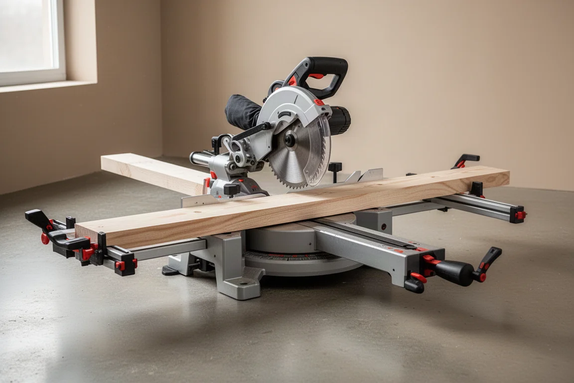 Sliding side tables extended on both sides of a miter saw supporting a long board