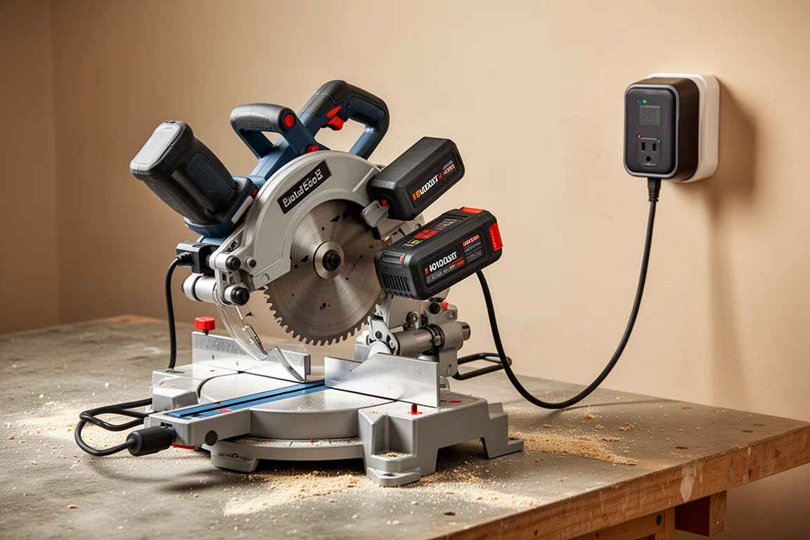 AC adapter unit plugged into a miter saw with a cord running to a workshop wall