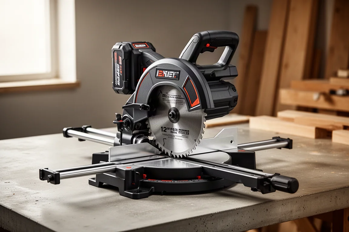 Cordless 12-inch dual bevel sliding miter saw on a workbench with slide rails extended