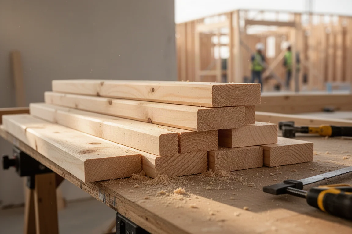 Carpenter framing lumber at a jobsite workbench in warm morning light